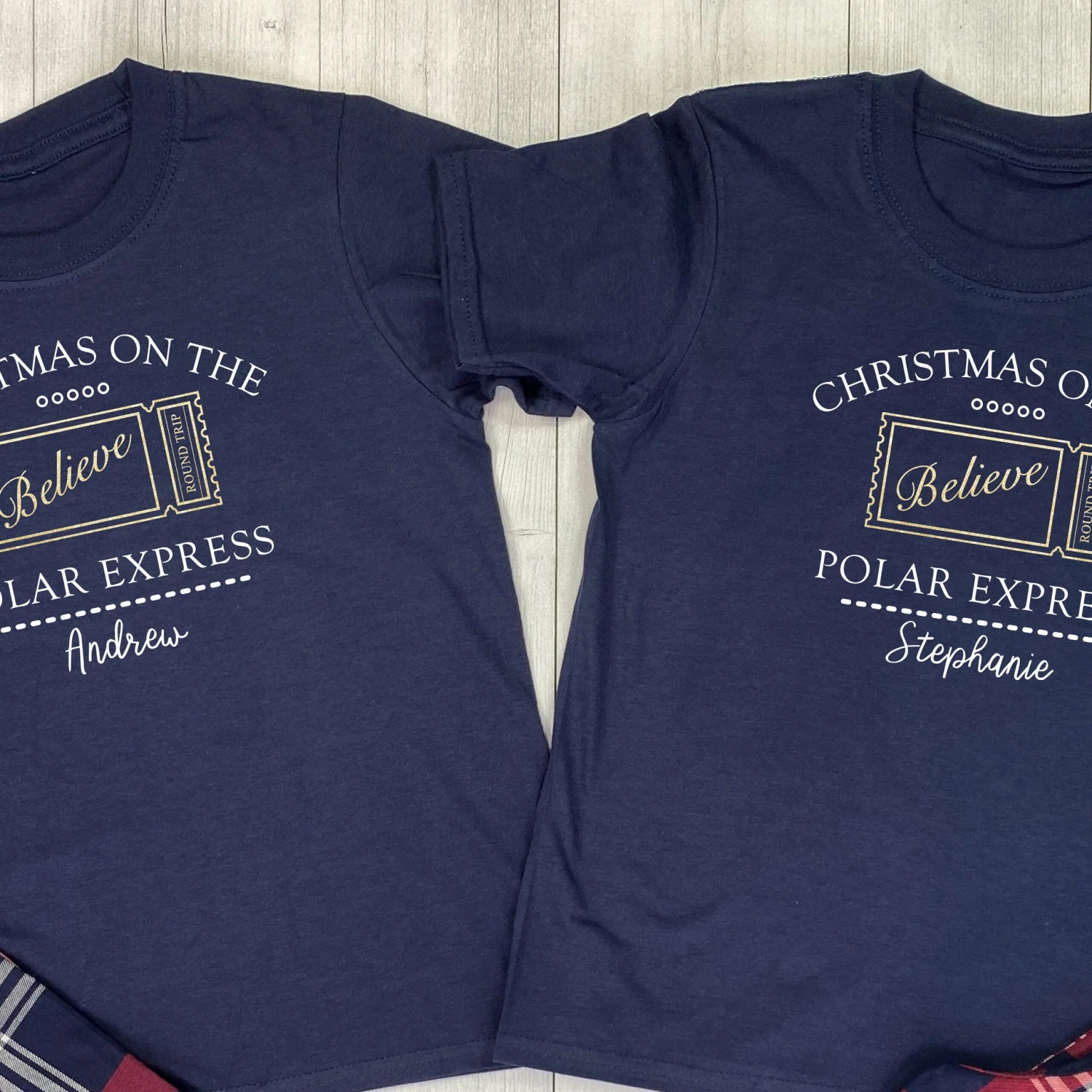 Personalised Polar Express Family Christmas Pyjamas With Names And Gold Glitter Believe Ticket, Matching Couple Family Christmas Pjs Pajamas 4 Personalised Polar Express Family Christmas Pyjamas With Names And Gold Glitter Believe Ticket, Matching Couple Family Christmas Pjs Pajamas - Image 2