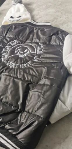 Oogie Boogie Black White Puffer Baseball Winter Coat Varsity Jacket Hoodie Hoody Jack Skellington Nightmare Before Christmas NBC Tim Burton -Jewellery Paradise il fullxfull.4255343427 760e