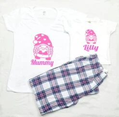 Personalised Matching Christmas Mum And Daughter Pyjamas,Mum And Daughter Gnome Pink Tartan Pyjamas,Mum And Me Pyjamas