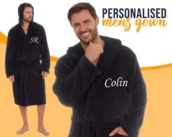 Energy Saving Personalised Mens Navy Dressing Gown Bathrobe Plus Size Embroidered Gift Christmas Husband Fiance Boyfriend Valentine's Day UK