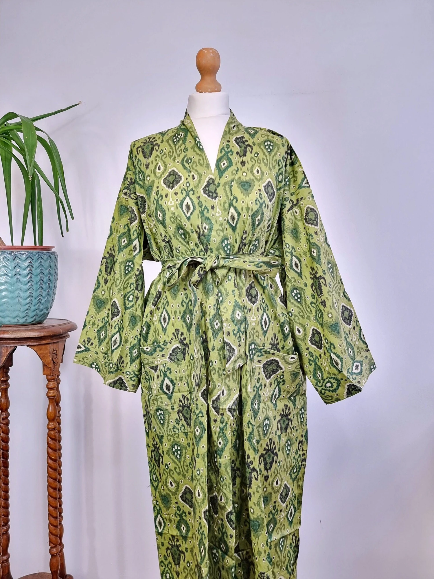 Pure Cotton Olive Mustard Ikat Print House Dressing Robe Spa Kimono Beach Coverup/Comfy Maternity New Mom Couple Set His Her Christmas Gift 5 Pure Cotton Olive Mustard Ikat Print House Dressing Robe Spa Kimono Beach Coverup/Comfy Maternity New Mom Couple Set His Her Christmas Gift - Image 3
