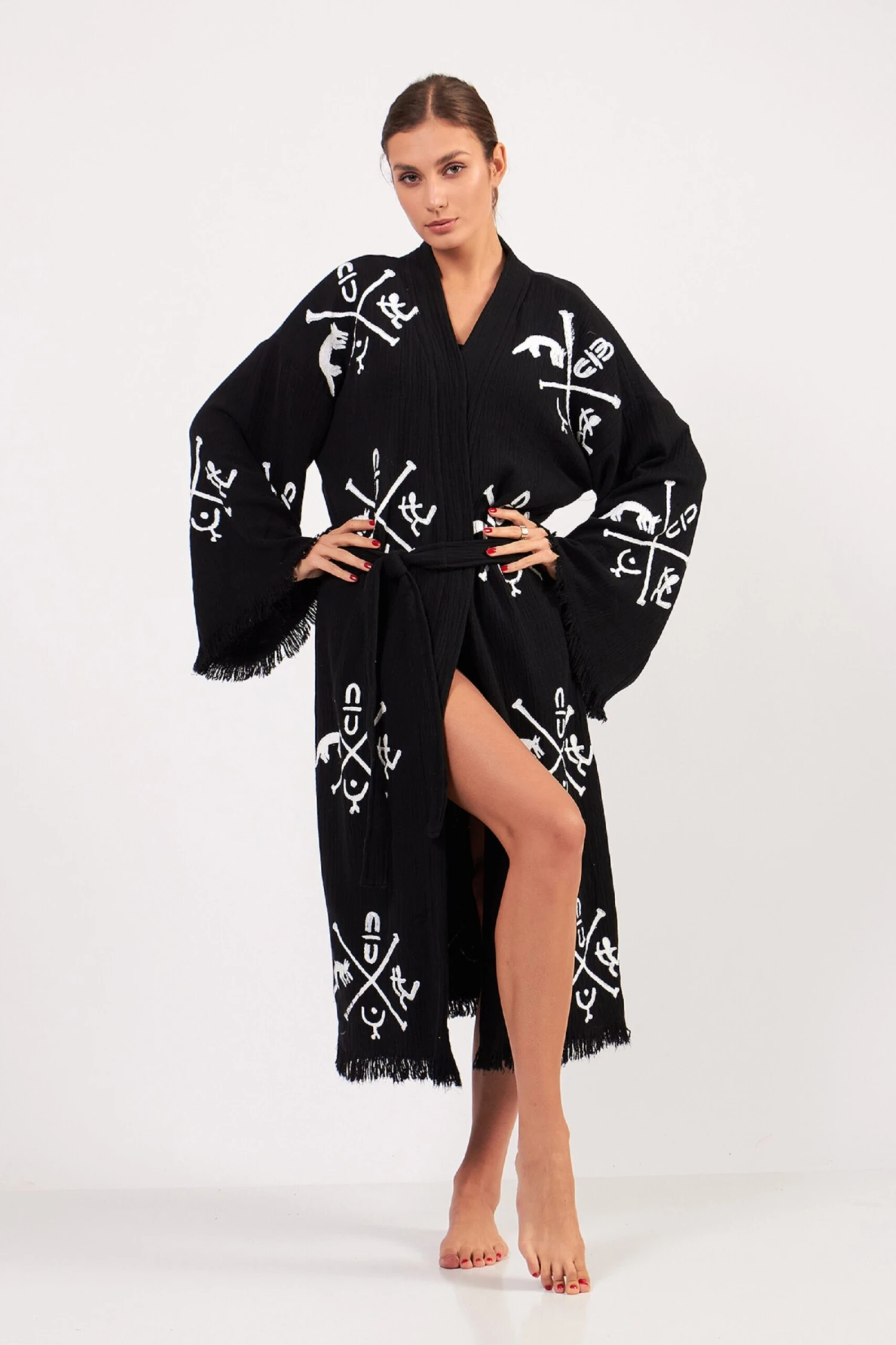 Ethnic Caftan Kimono Robe, Dressing Gown, Unisex Boho Cover Up, Meditation Robe, Handprint Pattern Organic Cotton Bathrobe, Christmas Gift 4 Ethnic Caftan Kimono Robe, Dressing Gown, Unisex Boho Cover Up, Meditation Robe, Handprint Pattern Organic Cotton Bathrobe, Christmas Gift - Image 2