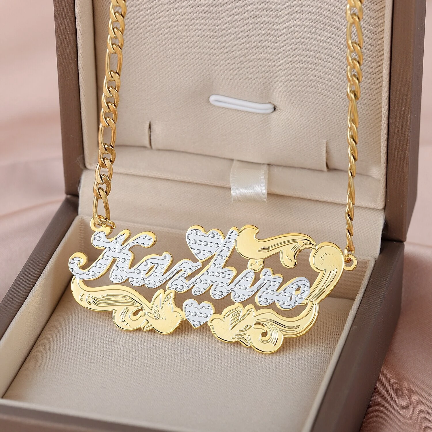 Two Tone Heart Name Necklace, Personalized Nameplate Gold Double Plate, Name Necklace, Christmas Gifts Jewelry For Her 4 Two Tone Heart Name Necklace, Personalized Nameplate Gold Double Plate, Name Necklace, Christmas Gifts Jewelry For Her - Image 2