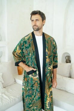 Green Batik Cotton Kimono Robe Jacket, Bali Dressing Gown, Mens Kimono Robe, Wear The World, Dragon Chinese, Christmas Present -Jewellery Paradise il fullxfull.4328447641 9ves
