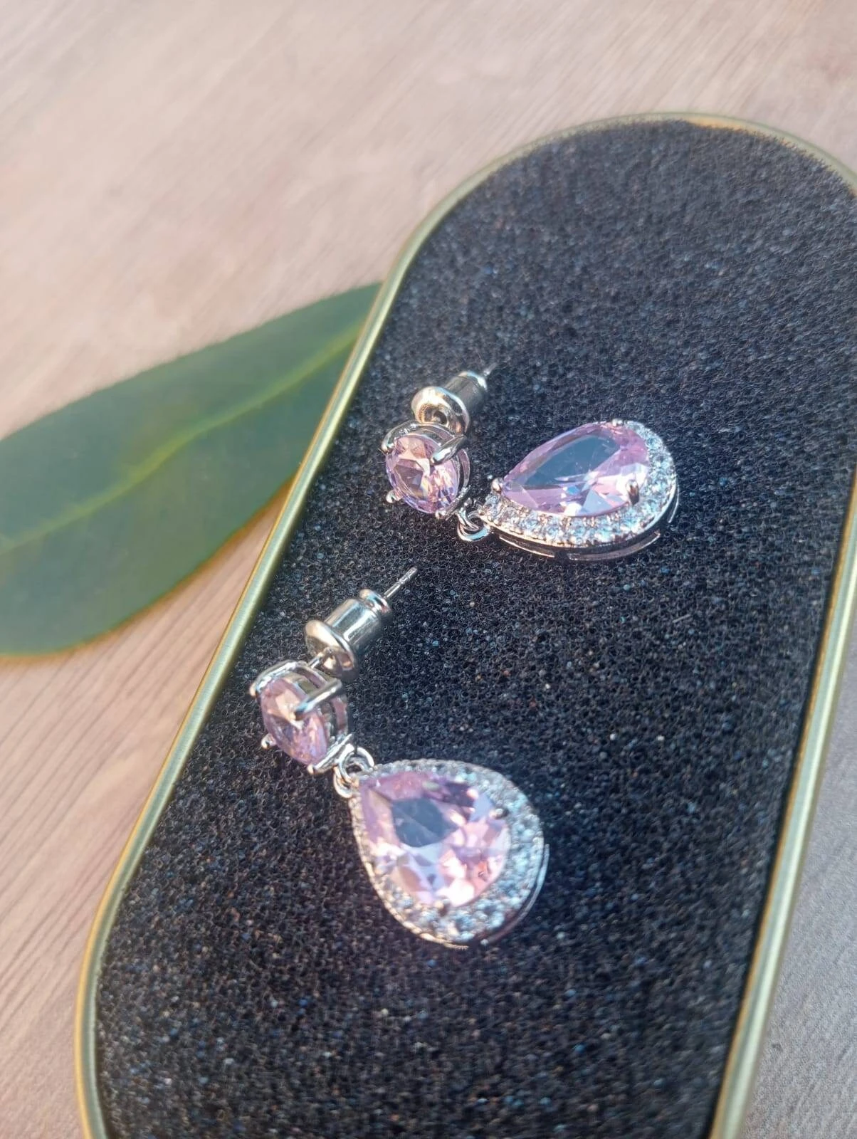 Double Pink Topaz Stud Earrings, Surrounded With Cubic Zirconia Gemstones, Round And Pear Shaped Gemstones, Perfect Gift For Christmas 4 Double Pink Topaz Stud Earrings, Surrounded With Cubic Zirconia Gemstones, Round And Pear Shaped Gemstones, Perfect Gift For Christmas - Image 2