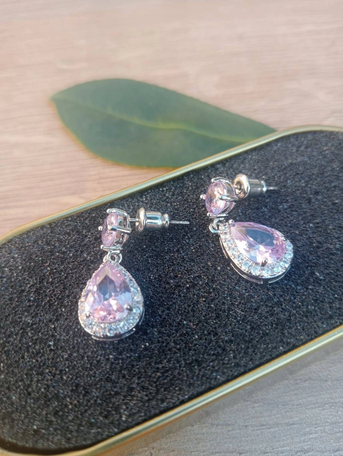 Double Pink Topaz Stud Earrings, Surrounded With Cubic Zirconia Gemstones, Round And Pear Shaped Gemstones, Perfect Gift For Christmas 5 Double Pink Topaz Stud Earrings, Surrounded With Cubic Zirconia Gemstones, Round And Pear Shaped Gemstones, Perfect Gift For Christmas - Image 3