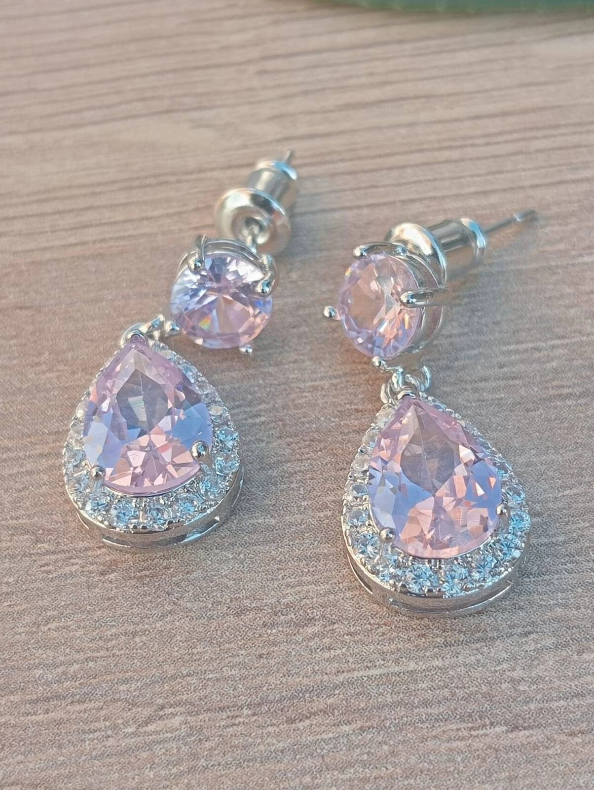 Double Pink Topaz Stud Earrings, Surrounded With Cubic Zirconia Gemstones, Round And Pear Shaped Gemstones, Perfect Gift For Christmas 3 Double Pink Topaz Stud Earrings, Surrounded With Cubic Zirconia Gemstones, Round And Pear Shaped Gemstones, Perfect Gift For Christmas
