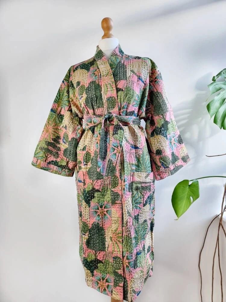 Kantha Cotton Reversible Kimono Mid Knee Length Jacket Unisex Robe Handmade Mint Peach Green Tropical Forest Paradise Christmas Quirky Vibe 11 Kantha Cotton Reversible Kimono Mid Knee Length Jacket Unisex Robe Handmade Mint Peach Green Tropical Forest Paradise Christmas Quirky Vibe - Image 9