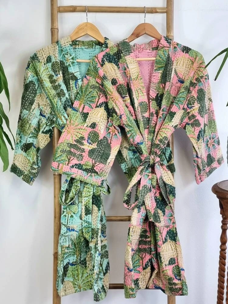 Kantha Cotton Reversible Kimono Mid Knee Length Jacket Unisex Robe Handmade Mint Peach Green Tropical Forest Paradise Christmas Quirky Vibe 4 Kantha Cotton Reversible Kimono Mid Knee Length Jacket Unisex Robe Handmade Mint Peach Green Tropical Forest Paradise Christmas Quirky Vibe - Image 2