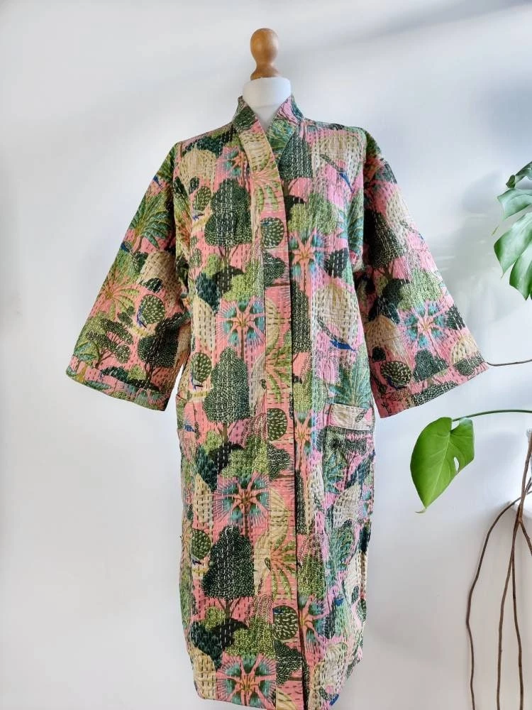 Kantha Cotton Reversible Kimono Mid Knee Length Jacket Unisex Robe Handmade Mint Peach Green Tropical Forest Paradise Christmas Quirky Vibe 10 Kantha Cotton Reversible Kimono Mid Knee Length Jacket Unisex Robe Handmade Mint Peach Green Tropical Forest Paradise Christmas Quirky Vibe - Image 8