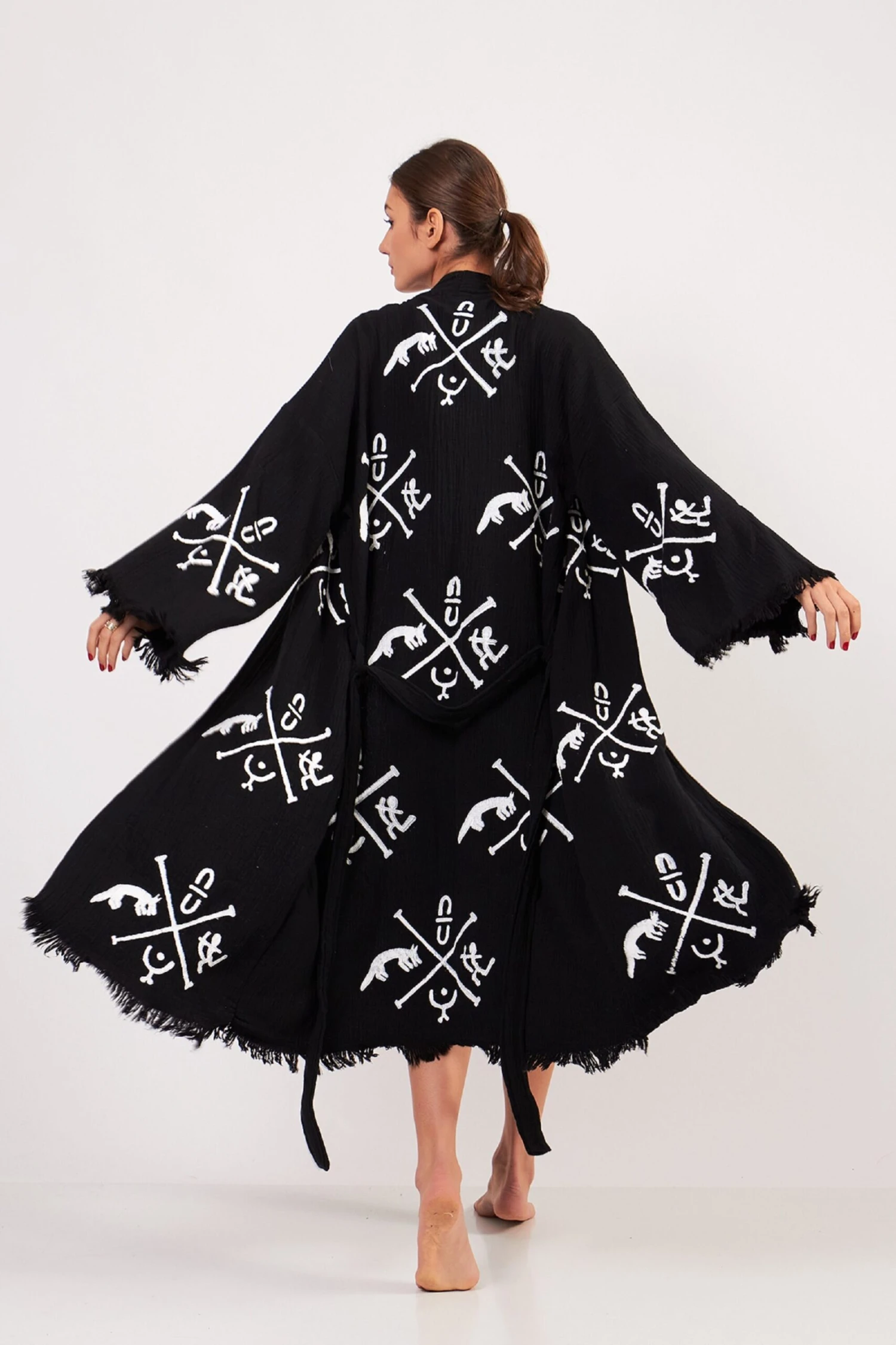 Ethnic Caftan Kimono Robe, Dressing Gown, Unisex Boho Cover Up, Meditation Robe, Handprint Pattern Organic Cotton Bathrobe, Christmas Gift 11 Ethnic Caftan Kimono Robe, Dressing Gown, Unisex Boho Cover Up, Meditation Robe, Handprint Pattern Organic Cotton Bathrobe, Christmas Gift - Image 9