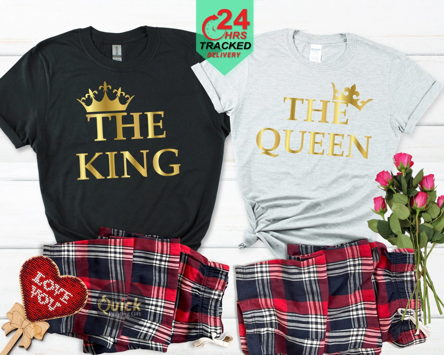 King Queen Matching His And Hers Pyjama Set With T-shirt And Bottoms, Couple Matching Gifts, Valentines Gifts, Christmas Gift For Newlyweds 5 King Queen Matching His And Hers Pyjama Set With T-shirt And Bottoms, Couple Matching Gifts, Valentines Gifts, Christmas Gift For Newlyweds - Image 3