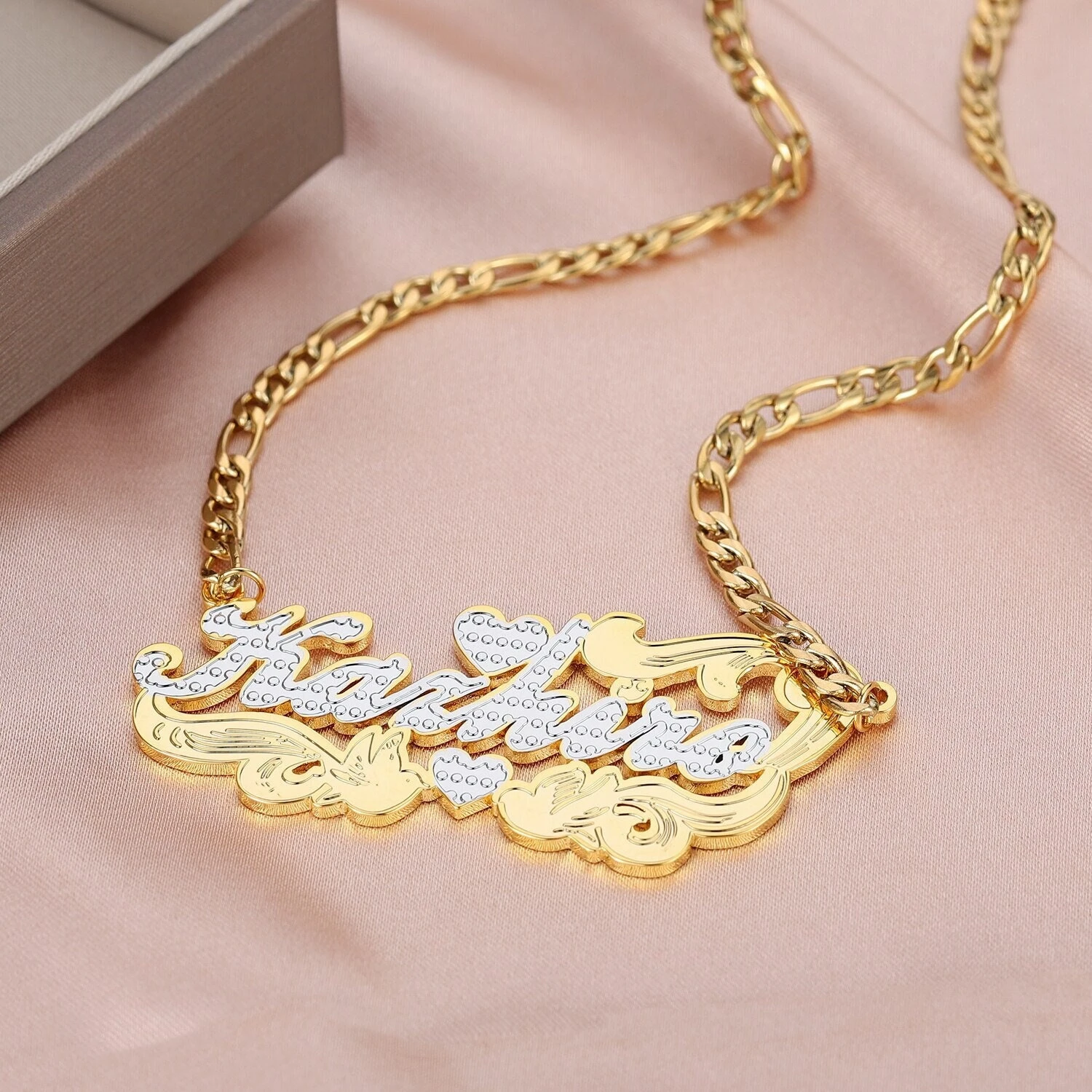 Two Tone Heart Name Necklace, Personalized Nameplate Gold Double Plate, Name Necklace, Christmas Gifts Jewelry For Her 3 Two Tone Heart Name Necklace, Personalized Nameplate Gold Double Plate, Name Necklace, Christmas Gifts Jewelry For Her