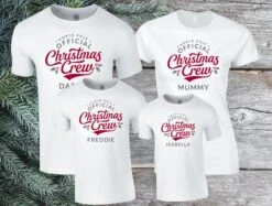 Personalised Matching Family Christmas T-Shirts/Pyjama Tops 'Christmas Crew' Adult Mens/Womens/Kids/Toddler (White)