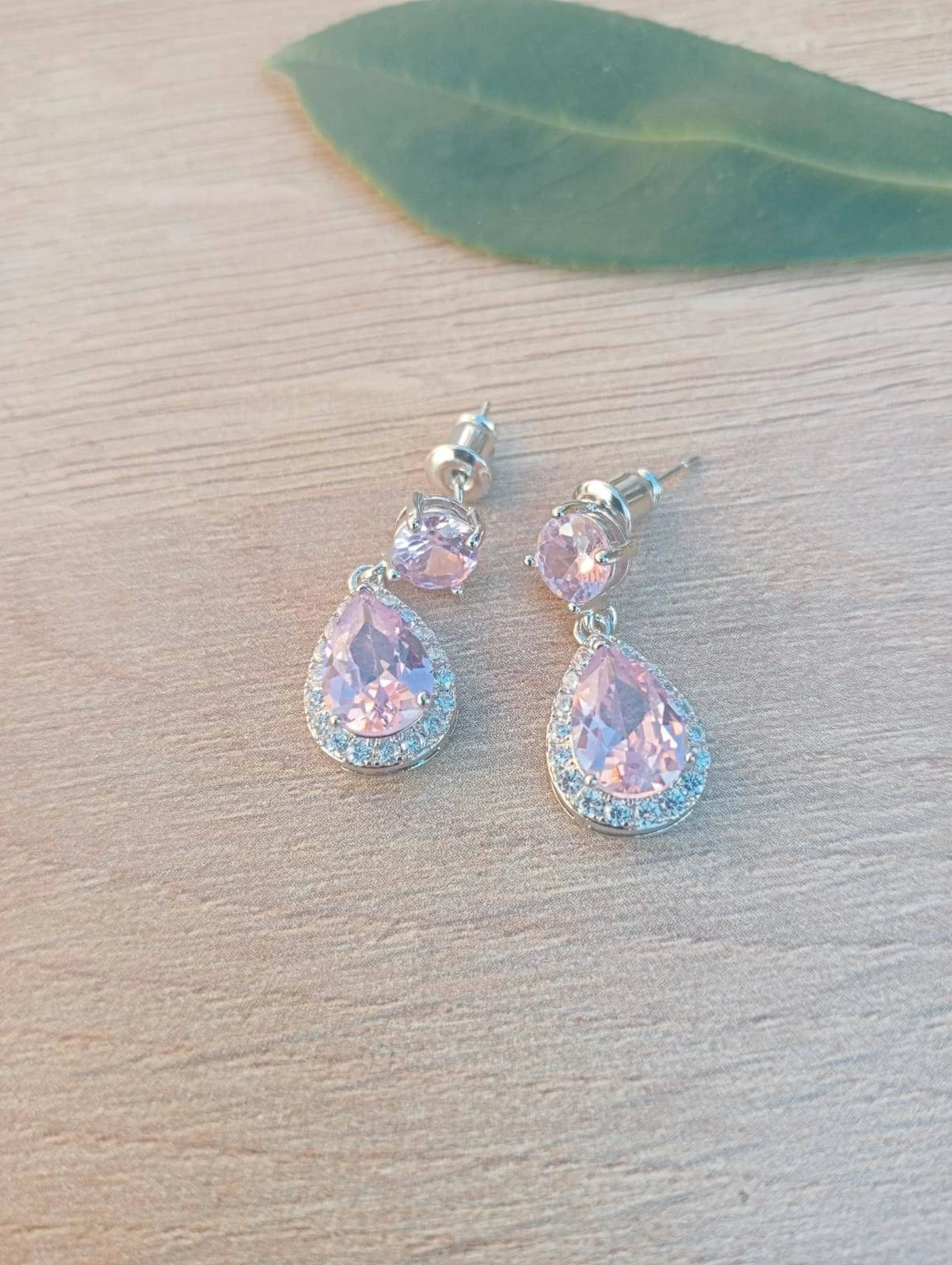 Double Pink Topaz Stud Earrings, Surrounded With Cubic Zirconia Gemstones, Round And Pear Shaped Gemstones, Perfect Gift For Christmas 7 Double Pink Topaz Stud Earrings, Surrounded With Cubic Zirconia Gemstones, Round And Pear Shaped Gemstones, Perfect Gift For Christmas - Image 5