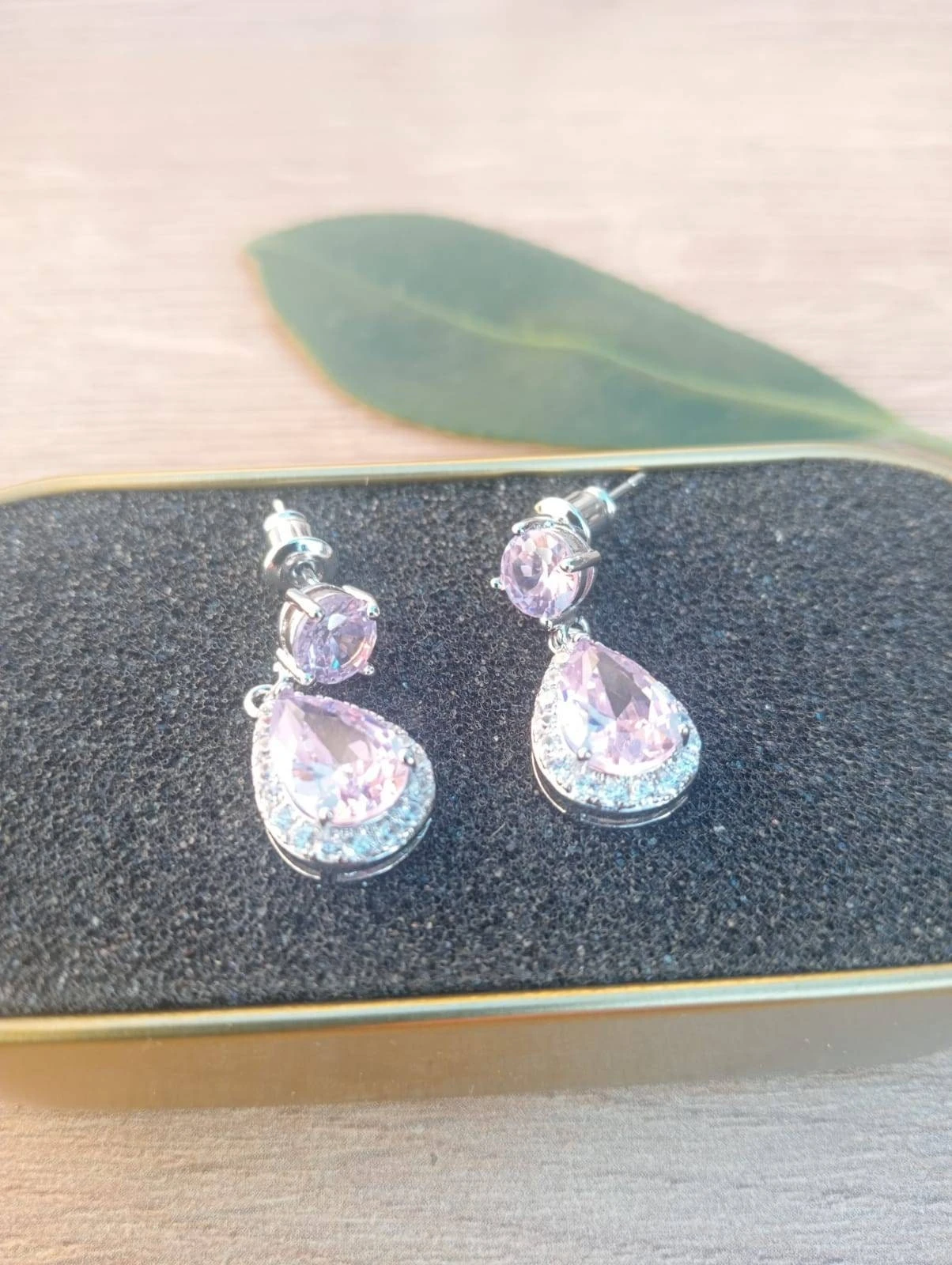 Double Pink Topaz Stud Earrings, Surrounded With Cubic Zirconia Gemstones, Round And Pear Shaped Gemstones, Perfect Gift For Christmas 8 Double Pink Topaz Stud Earrings, Surrounded With Cubic Zirconia Gemstones, Round And Pear Shaped Gemstones, Perfect Gift For Christmas - Image 6