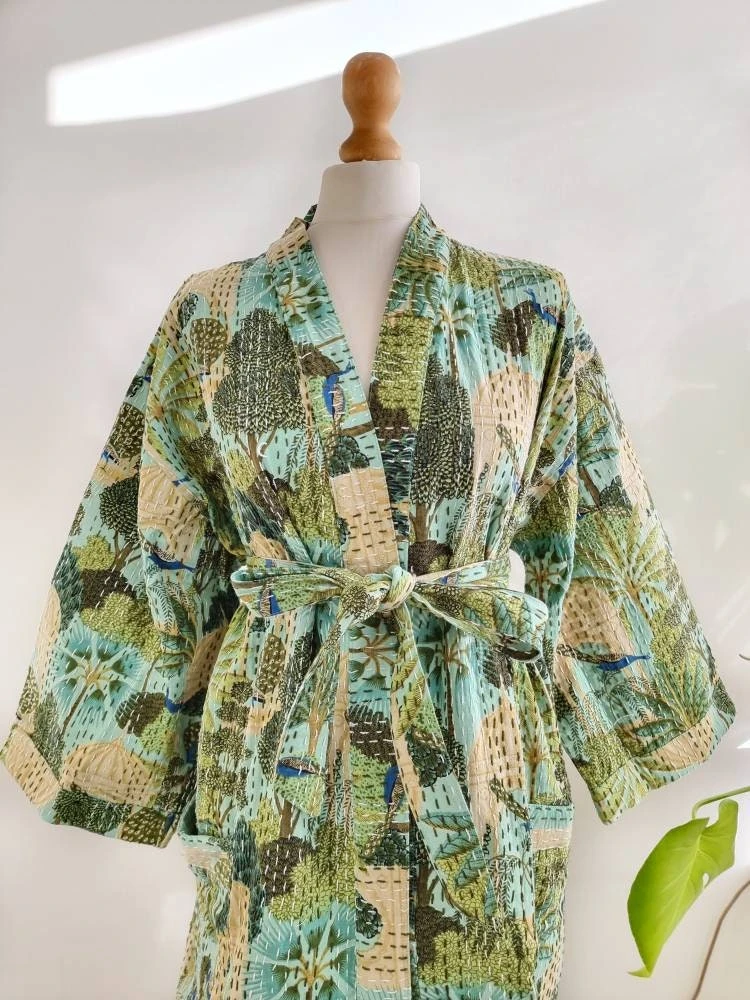 Kantha Cotton Reversible Kimono Mid Knee Length Jacket Unisex Robe Handmade Mint Peach Green Tropical Forest Paradise Christmas Quirky Vibe 8 Kantha Cotton Reversible Kimono Mid Knee Length Jacket Unisex Robe Handmade Mint Peach Green Tropical Forest Paradise Christmas Quirky Vibe - Image 6