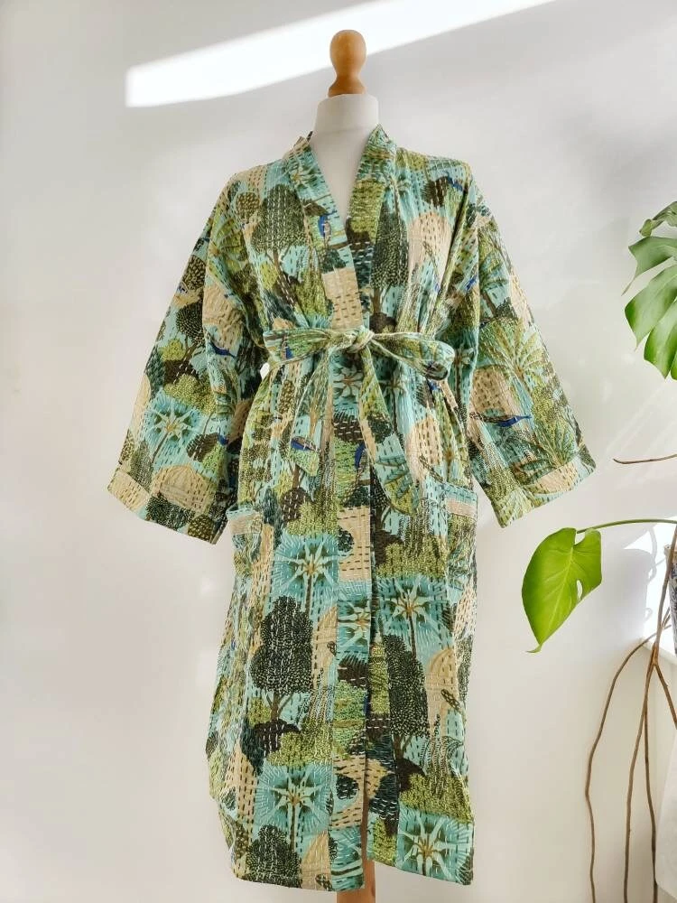 Kantha Cotton Reversible Kimono Mid Knee Length Jacket Unisex Robe Handmade Mint Peach Green Tropical Forest Paradise Christmas Quirky Vibe 9 Kantha Cotton Reversible Kimono Mid Knee Length Jacket Unisex Robe Handmade Mint Peach Green Tropical Forest Paradise Christmas Quirky Vibe - Image 7