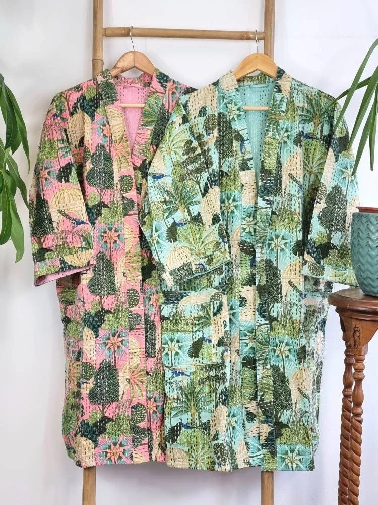 Kantha Cotton Reversible Kimono Mid Knee Length Jacket Unisex Robe Handmade Mint Peach Green Tropical Forest Paradise Christmas Quirky Vibe 3 Kantha Cotton Reversible Kimono Mid Knee Length Jacket Unisex Robe Handmade Mint Peach Green Tropical Forest Paradise Christmas Quirky Vibe