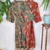 Pure Cotton Indian Block Printed House Robe Summer Kimono Floral Beach Coverup/Comfy Red Green Christmas Beige Stripe Floral Garden