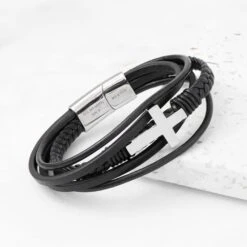 Personalised Men's Cross Black Leather Stacked Bracelet, Men's Jewellery, Gifts For Him, Birthday Gifts, Christmas Gifts, Valentine's Day -Jewellery Paradise il fullxfull.4400004647 8ivh
