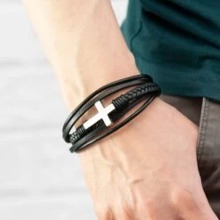 Personalised Men's Cross Black Leather Stacked Bracelet, Men's Jewellery, Gifts For Him, Birthday Gifts, Christmas Gifts, Valentine's Day -Jewellery Paradise il fullxfull.4400004687 hb07