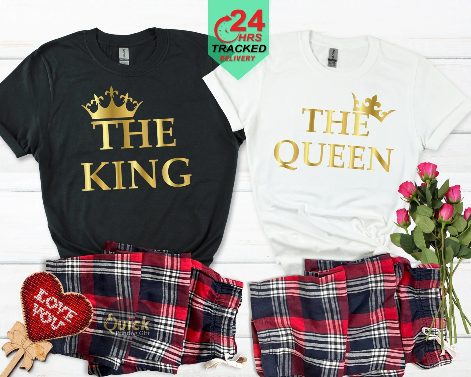 King Queen Matching His And Hers Pyjama Set With T-shirt And Bottoms, Couple Matching Gifts, Valentines Gifts, Christmas Gift For Newlyweds 6 King Queen Matching His And Hers Pyjama Set With T-shirt And Bottoms, Couple Matching Gifts, Valentines Gifts, Christmas Gift For Newlyweds - Image 4