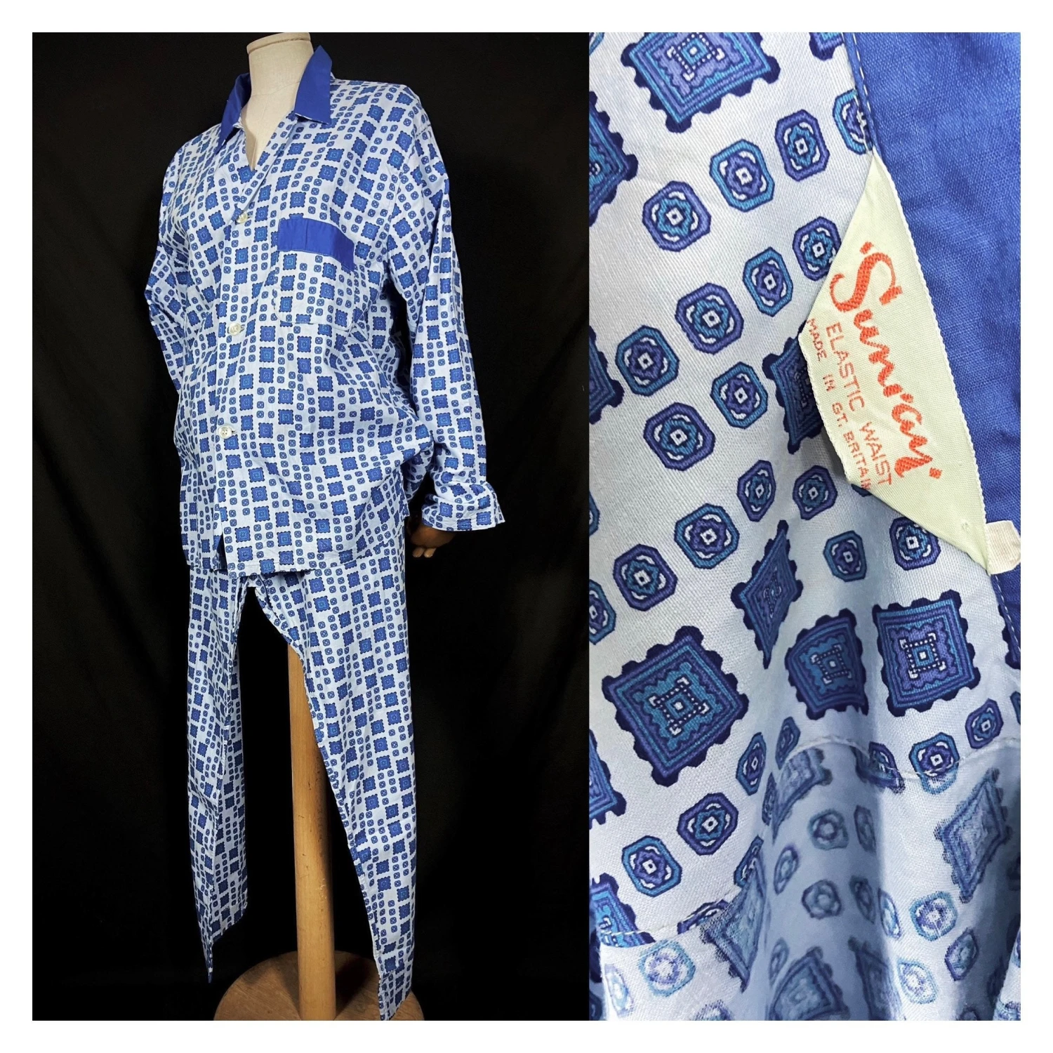Vintage 80s Mens Pyjamas By Sunray. Retro Geometric Pattern Mens Nightwear. 2 Piece Blue Pyjamas. Daddy Pjs. Christmas Gift For Him. 40" 3 Vintage 80s Mens Pyjamas By Sunray. Retro Geometric Pattern Mens Nightwear. 2 Piece Blue Pyjamas. Daddy Pjs. Christmas Gift For Him. 40"