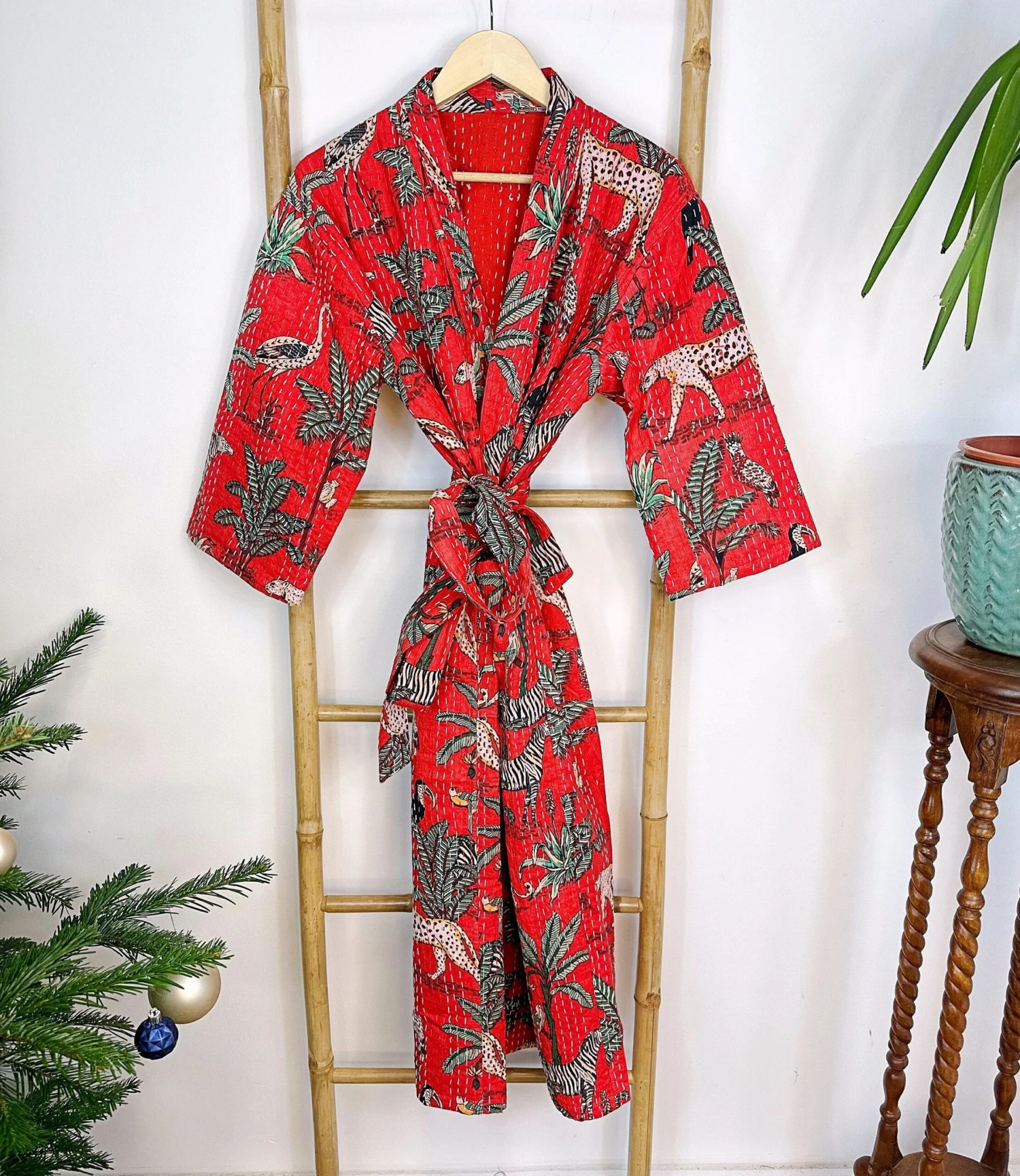 Kantha Cotton Reversible Kimono Long Length Jacket Unisex Robe Handmade Sustainable Eco-fashion Regal Christmas Red Animal Jungle Safari 6 Kantha Cotton Reversible Kimono Long Length Jacket Unisex Robe Handmade Sustainable Eco-fashion Regal Christmas Red Animal Jungle Safari - Image 4