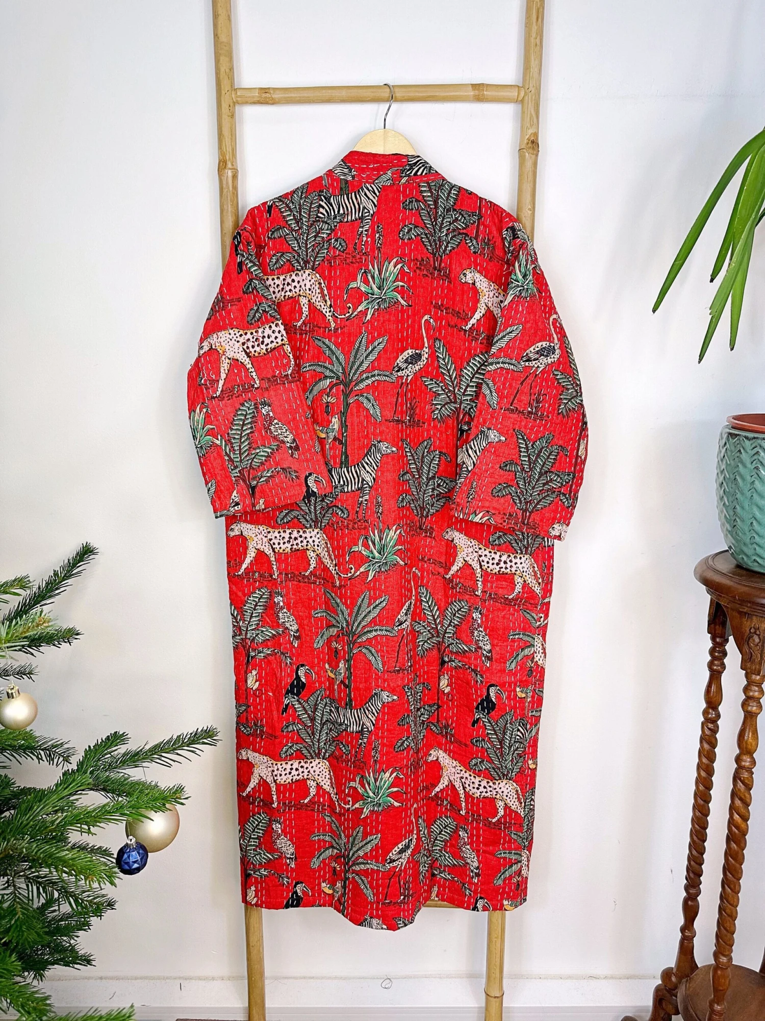 Kantha Cotton Reversible Kimono Long Length Jacket Unisex Robe Handmade Sustainable Eco-fashion Regal Christmas Red Animal Jungle Safari 5 Kantha Cotton Reversible Kimono Long Length Jacket Unisex Robe Handmade Sustainable Eco-fashion Regal Christmas Red Animal Jungle Safari - Image 3