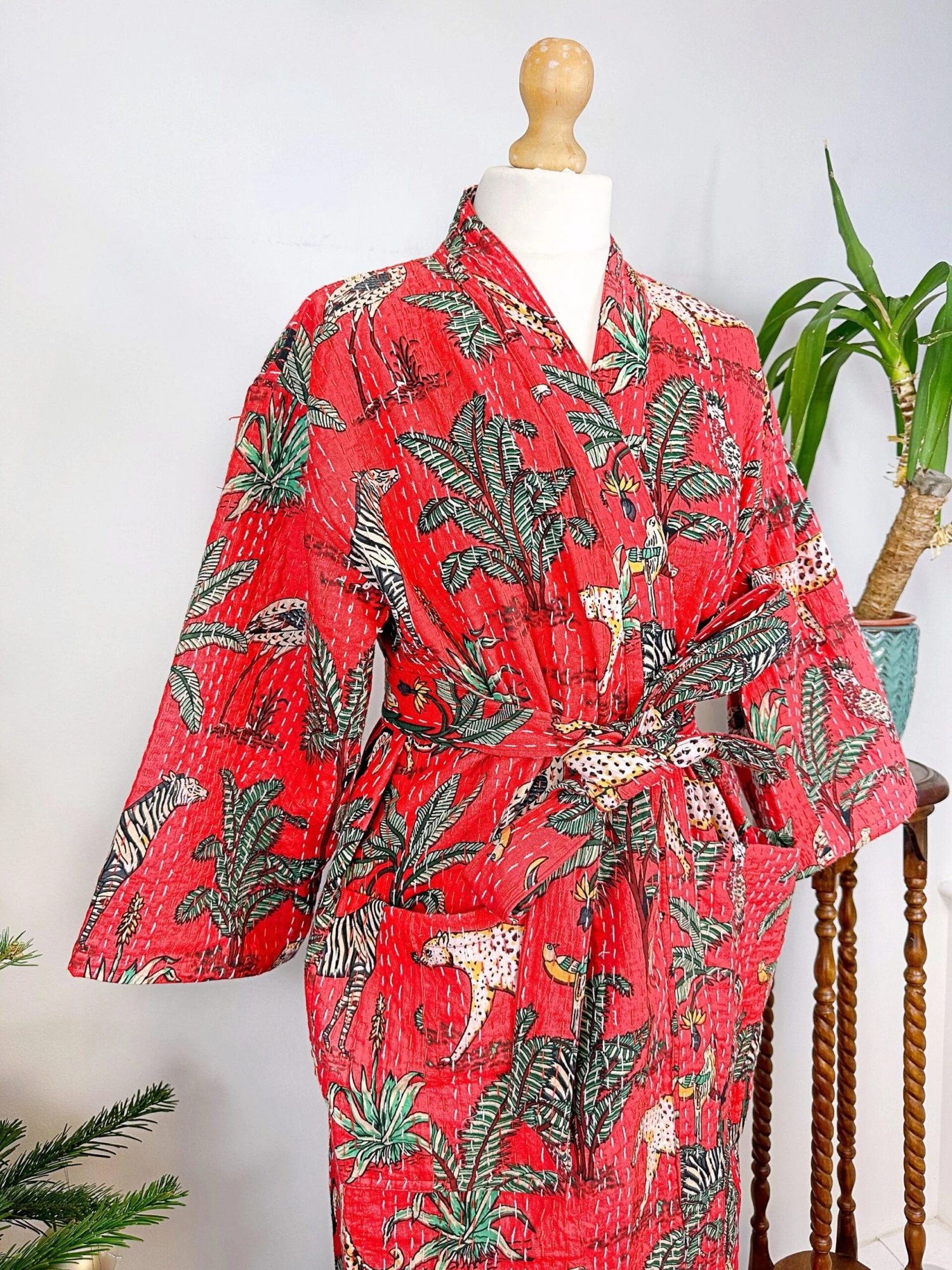 Kantha Cotton Reversible Kimono Long Length Jacket Unisex Robe Handmade Sustainable Eco-fashion Regal Christmas Red Animal Jungle Safari 11 Kantha Cotton Reversible Kimono Long Length Jacket Unisex Robe Handmade Sustainable Eco-fashion Regal Christmas Red Animal Jungle Safari - Image 9