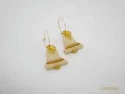 Christmas Bell And White Snowflakes Earrings In Transparent And Gold Polymer Clay