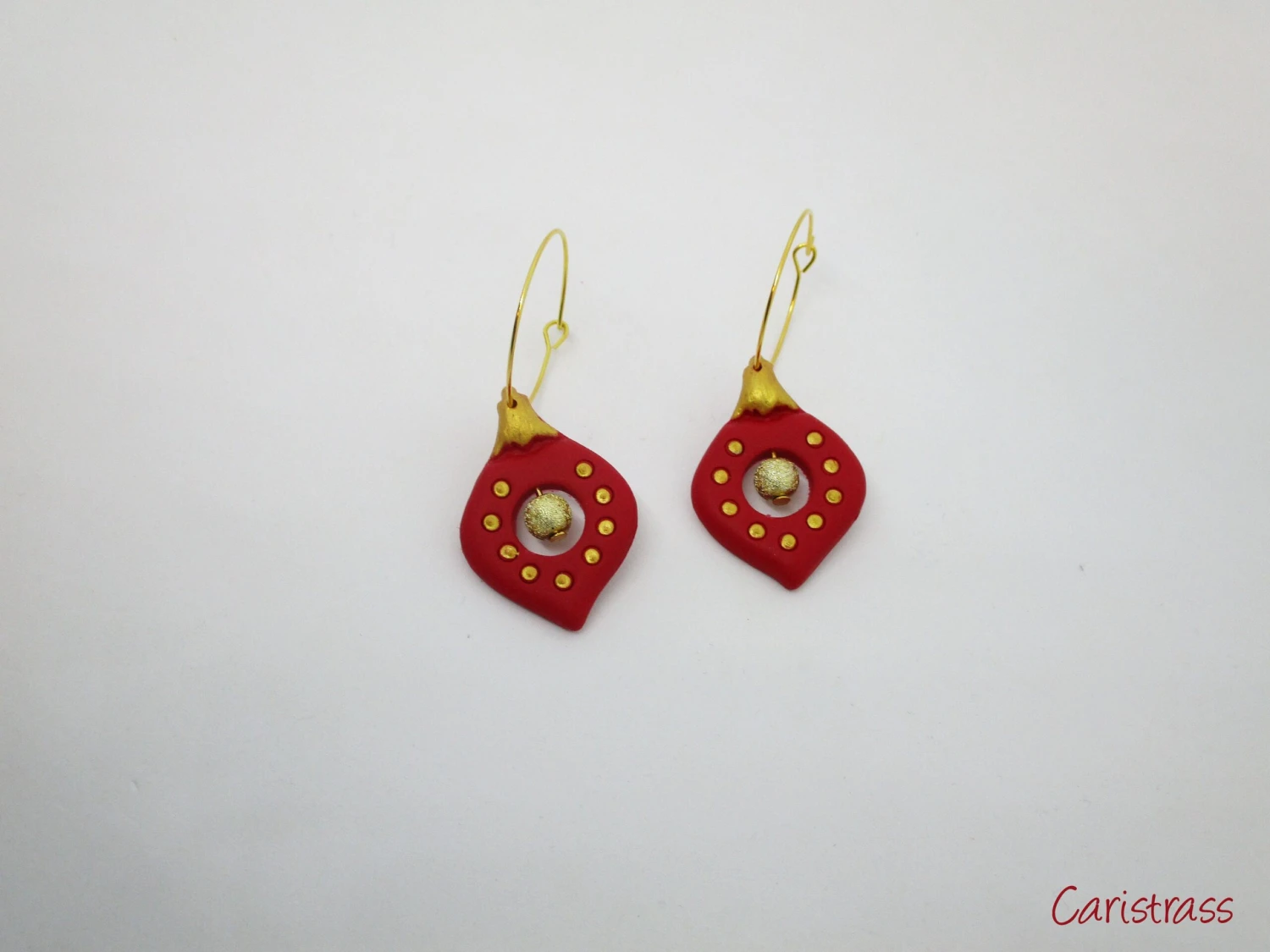 Christmas Bauble Earring In Red And Gold Polymer Clay 3 Christmas Bauble Earring In Red And Gold Polymer Clay