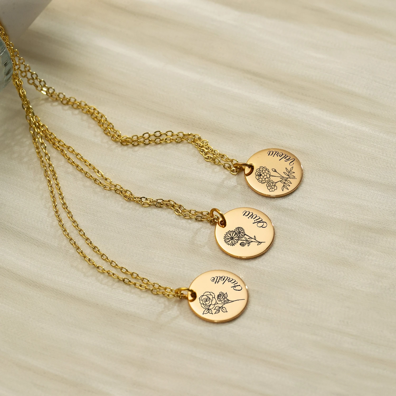 Personalized Birth Flower Disc Necklace, Month Floral Charm Name Necklace, Floral Necklace, Birthday Christmas Bridesmaid Gift For Her/Mom 4 Personalized Birth Flower Disc Necklace, Month Floral Charm Name Necklace, Floral Necklace, Birthday Christmas Bridesmaid Gift For Her/Mom - Image 2