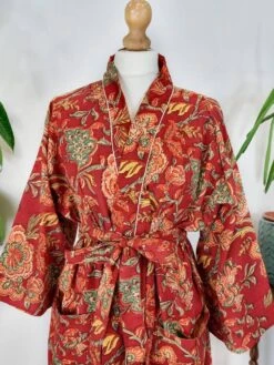 Pure Cotton Indian Block Printed House Robe Summer Kimono Floral Beach Coverup/Comfy Red Green Christmas Beige Stripe Floral Garden -Jewellery Paradise il fullxfull.4446643641 2uip