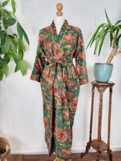 Pure Cotton Indian Block Printed House Robe Summer Kimono Floral Beach Coverup/Comfy Red Green Christmas Beige Stripe Floral Garden -Jewellery Paradise il fullxfull.4446643745 rotn