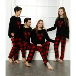 Matching Family Pajamas Set , Christmas Family Fleece Pajama Set , Couple Pajamas , Gift For Her, For Him Black-Red
