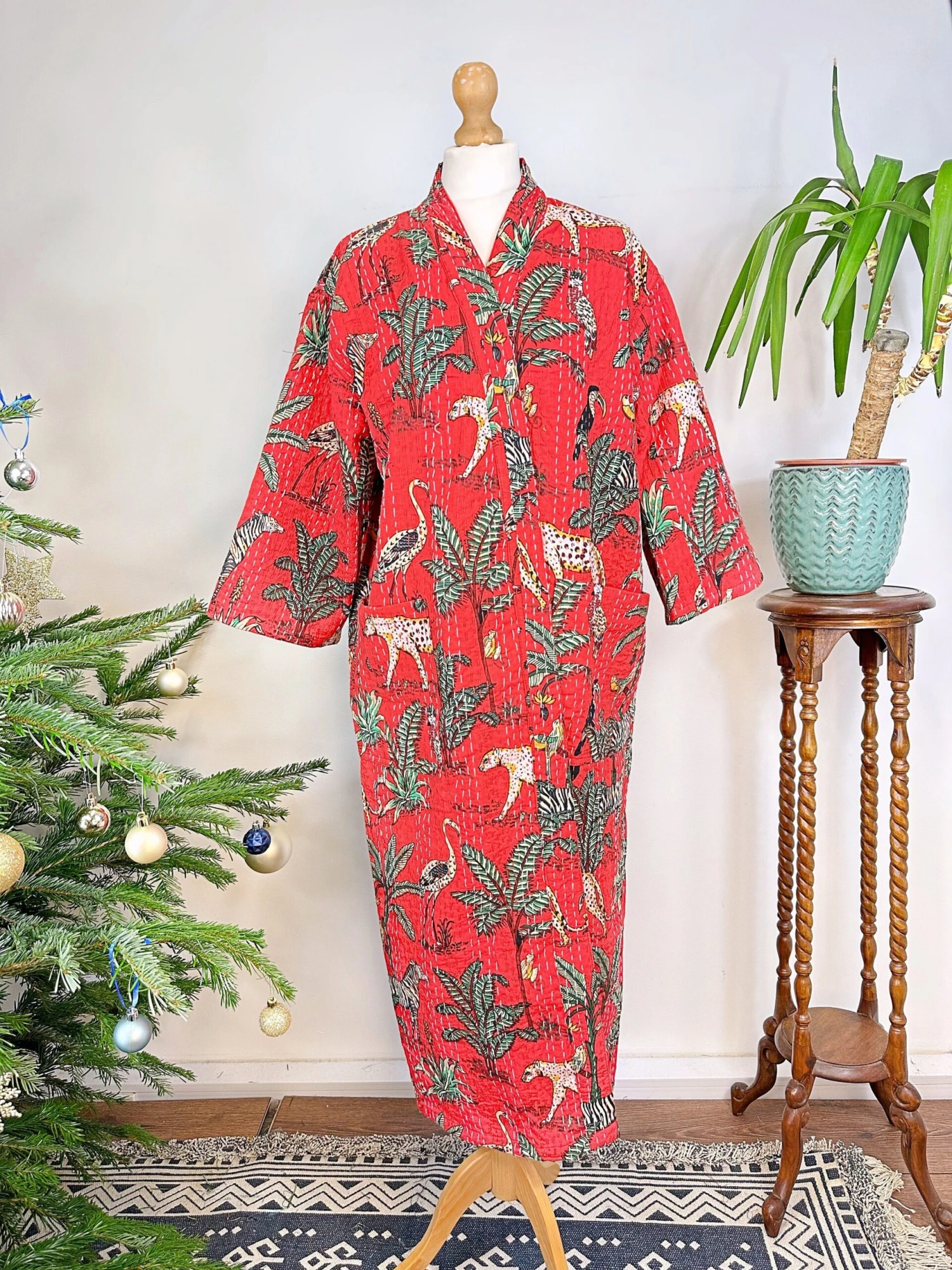 Kantha Cotton Reversible Kimono Long Length Jacket Unisex Robe Handmade Sustainable Eco-fashion Regal Christmas Red Animal Jungle Safari 8 Kantha Cotton Reversible Kimono Long Length Jacket Unisex Robe Handmade Sustainable Eco-fashion Regal Christmas Red Animal Jungle Safari - Image 6