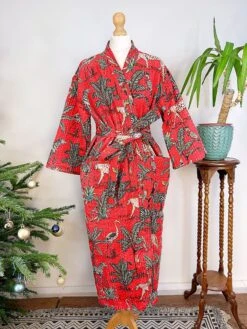 Kantha Cotton Reversible Kimono Long Length Jacket Unisex Robe Handmade Sustainable Eco-fashion Regal Christmas Red Animal Jungle Safari 17 Kantha Cotton Reversible Kimono Long Length Jacket Unisex Robe Handmade Sustainable Eco-fashion Regal Christmas Red Animal Jungle Safari -Jewellery Paradise il fullxfull.4464339063 1acn