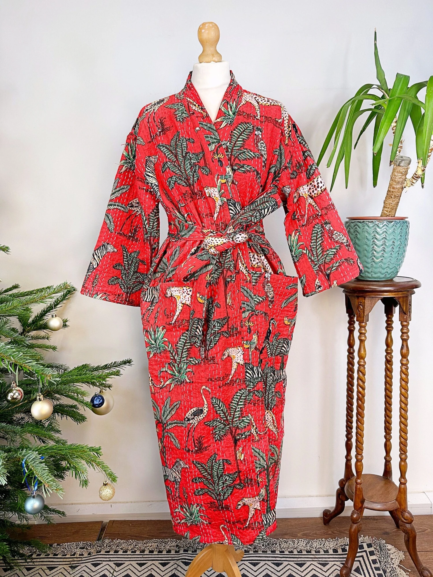 Kantha Cotton Reversible Kimono Long Length Jacket Unisex Robe Handmade Sustainable Eco-fashion Regal Christmas Red Animal Jungle Safari 9 Kantha Cotton Reversible Kimono Long Length Jacket Unisex Robe Handmade Sustainable Eco-fashion Regal Christmas Red Animal Jungle Safari - Image 7