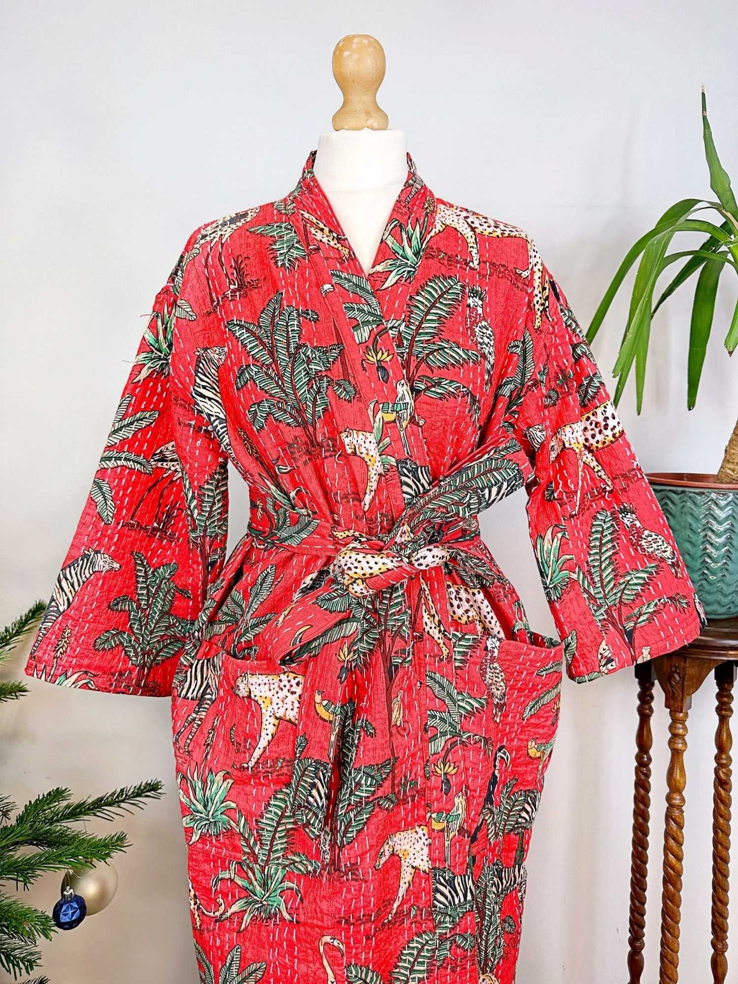 Kantha Cotton Reversible Kimono Long Length Jacket Unisex Robe Handmade Sustainable Eco-fashion Regal Christmas Red Animal Jungle Safari 10 Kantha Cotton Reversible Kimono Long Length Jacket Unisex Robe Handmade Sustainable Eco-fashion Regal Christmas Red Animal Jungle Safari - Image 8