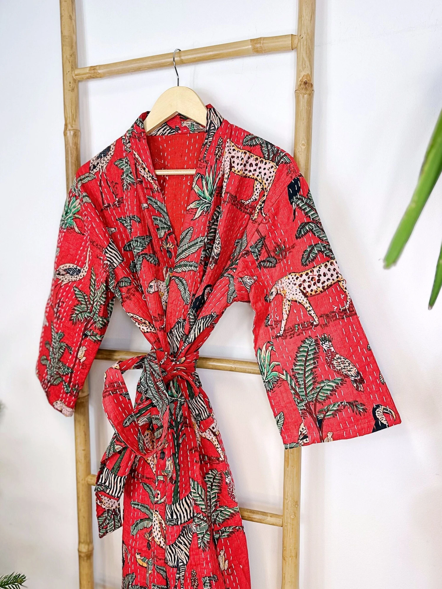 Kantha Cotton Reversible Kimono Long Length Jacket Unisex Robe Handmade Sustainable Eco-fashion Regal Christmas Red Animal Jungle Safari 3 Kantha Cotton Reversible Kimono Long Length Jacket Unisex Robe Handmade Sustainable Eco-fashion Regal Christmas Red Animal Jungle Safari