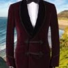 Man Burgundy Smoking Jacket Black Velvet Blazer Frogging Button Wedding Party Wear Dinner Jacket. New Year Party And Christmas Wear Jacket.