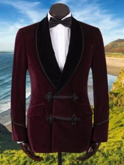 Man Burgundy Smoking Jacket Black Velvet Blazer Frogging Button Wedding Party Wear Dinner Jacket. New Year Party And Christmas Wear Jacket.