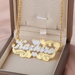 Two Tone Heart Name Necklace, Double Name Plate, Personalized Nameplate Gold Double Plate, Name Necklace, Christmas Gifts Jewelry For Her