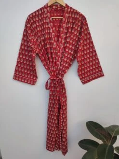 Christmas Leaf Motif Flora Boota Print In Red Cotton Kimono Dress, Bridal Robe, Getting Ready Robe, Wedding Robe Gown Bridesmaids Gift