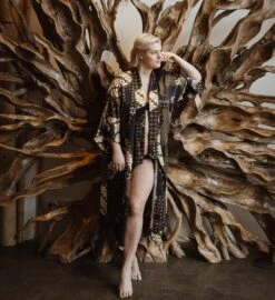 Plus Size Dressing Gown, Black Silk Blend Kimonos For Curvy Women, Long Satin Robe, Christmas Gift For Wife Girlfriend Mom Sister