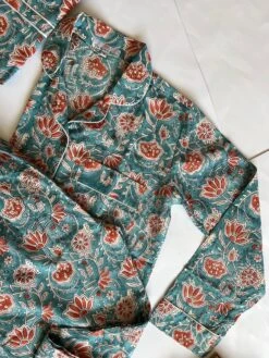 Womens Cotton Pyjamas Set, Blue Pure Cotton Pajamas Full Length Set, Block Printed Pyjamas, Unisex Pyjamas, Christmas Pjs