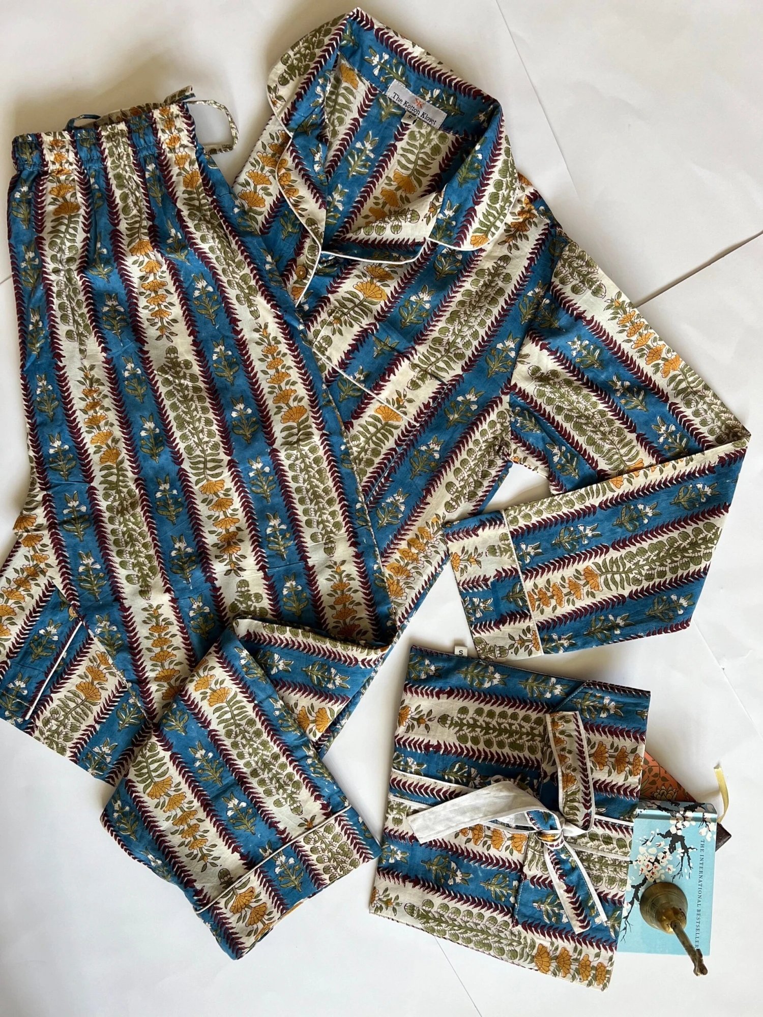 Womens Cotton Pyjamas Set, Blue Stripe Pure Cotton Pajamas Full Length Set, Block Printed Pyjamas, Unisex Pyjamas, Christmas Pjs 4 Womens Cotton Pyjamas Set, Blue Stripe Pure Cotton Pajamas Full Length Set, Block Printed Pyjamas, Unisex Pyjamas, Christmas Pjs - Image 2