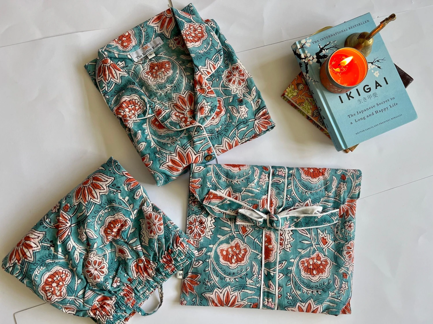 Womens Cotton Pyjamas Set, Blue Pure Cotton Pajamas Full Length Set, Block Printed Pyjamas, Unisex Pyjamas, Christmas Pjs 4 Womens Cotton Pyjamas Set, Blue Pure Cotton Pajamas Full Length Set, Block Printed Pyjamas, Unisex Pyjamas, Christmas Pjs - Image 2